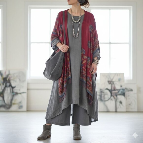 Colleen Lopez Boho Lagenlook Woven Reversible Ruana Fringe Cardigan Shawl XL - Picture 4 of 13